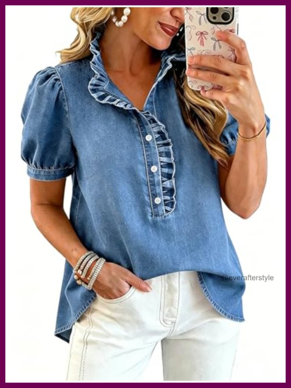 Ruffle Denim Button Down Shirt Puff Sleeve V-Neck Blouse Women Y2K